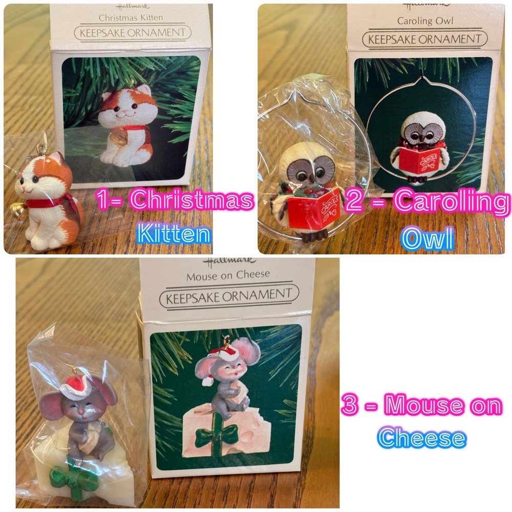 Set of 3 Hallmark 1983 Keepsake Christmas Ornaments - Kitten, Owl,  & Mouse NIB
